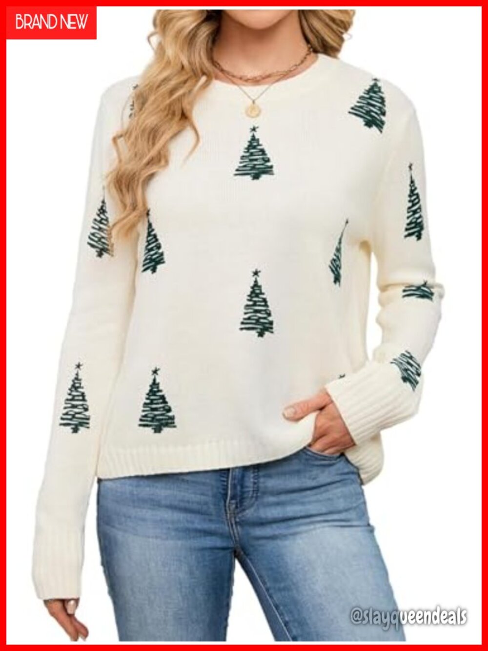 SunnyMelody Womens Christmas Tree Sweater Soft Crewneck Knit Pullover